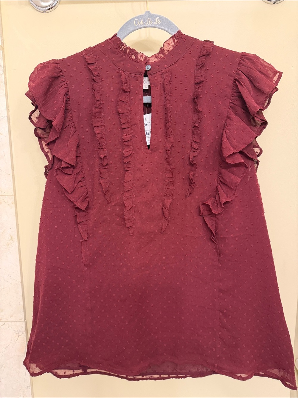 LOFT Wine Ruffled Swiss Dot Blouse